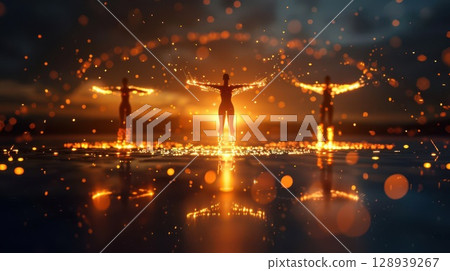 Three glowing figures stand in a circle, surrounded by light and energy. Three glowing figures stand in a circle, surrounded by light and energy. 128939267