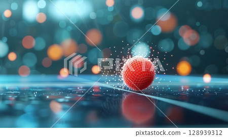 Abstract 3D sphere with bokeh lights, representing technology, innovation, and futuristic design. 128939312