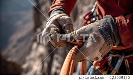 First-Person View of Hands Securing Safety Clips on Highline Rope Over Canyon 128939320