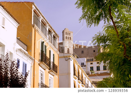 Ibiza town Eivissa houses and hig up church 128939356