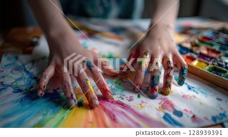 First-Person View of Hands Painting Rainbow with Watercolors in Kids' Art Style 128939391