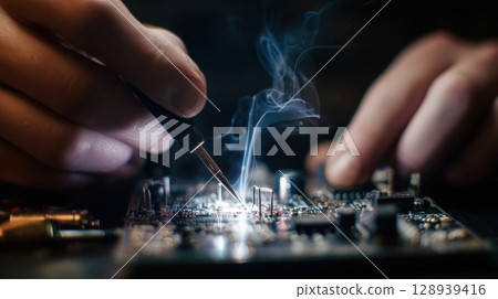 First-Person View of Soldering Circuit Board with Fine Tip Iron and Smoke Trail 128939416