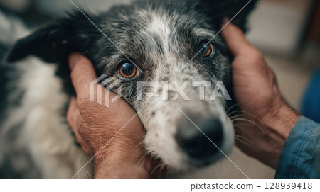 First-person view of hands gently placing muzzle on nervous dog for safety 128939418