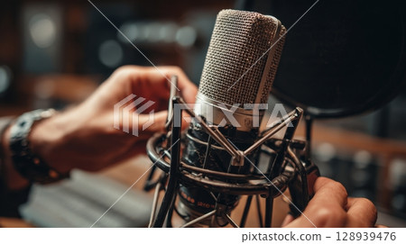 First-Person View of Hands Connecting XLR Cable to Condenser Microphone First-Person View of Hands Connecting XLR Cable to Condenser Microphone 128939476