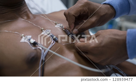 First-person view of hands attaching ECG electrodes to patient's chest for clinical monitoring 128939477