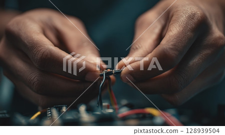 First-Person View of Hands Threading Wire Through Circuit Connector for Micro Repair 128939504