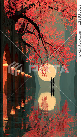 A fantastical Japanese wedding venue with cherry blossoms in full bloom, a nighttime scene where the bride and groom look stunning in their traditional Japanese attire, and modern architecture combined with traditional Japanese elements 128939515