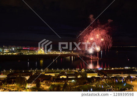 Colorful Fireworks Over Strelka - Alexander Nevsky Cathedral. 9 May Colorful Fireworks Over Strelka - Alexander Nevsky Cathedral. 9 May 128939598