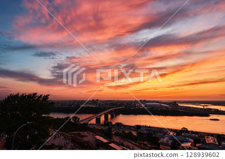 Sunset Over Nizhny Novgorod at Oka-Volga Confluence 128939602