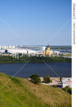 Sunrise Aerial View of Alexander Nevsky Cathedral and Stadium at Strelka in Nizhny Novgorod 128939608