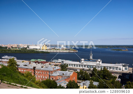 Morning Aerial View of Volga Shipping Company and Cathedra  in Nizhny Novgorodl 128939610