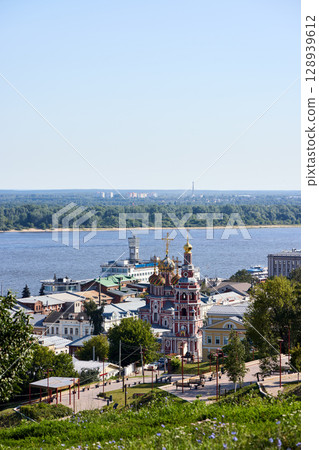 Morning Aerial View of Christmas Church and Volga Shipping Company in Nizhny Novgorod 128939612