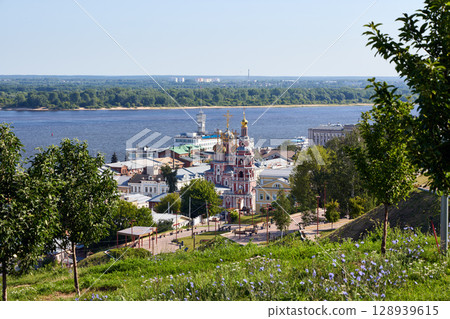 Morning Aerial View of Christmas Church and Volga Shipping Company in Nizhny Novgorod 128939615