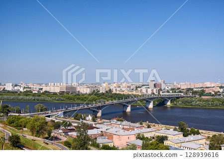 Morning Aerial View of Kanavinsky Bridge in Nizhny Novgorod 128939616