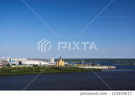 Sunrise Aerial View of Alexander Nevsky Cathedral and Stadium at Strelka in Nizhny Novgorod 128939617