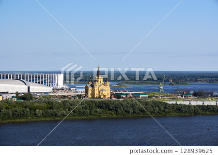 Sunrise Aerial View of Alexander Nevsky Cathedral and Stadium at Strelka in Nizhny Novgorod Sunrise Aerial View of Alexander Nevsky Cathedral and Stadium at Strelka in Nizhny Novgorod 128939625