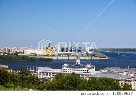 Morning Aerial View of Volga Shipping Company and Cathedra  in Nizhny Novgorodl 128939627