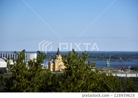 Sunrise Aerial View of Alexander Nevsky Cathedral and Stadium at Strelka in Nizhny Novgorod Sunrise Aerial View of Alexander Nevsky Cathedral and Stadium at Strelka in Nizhny Novgorod 128939628