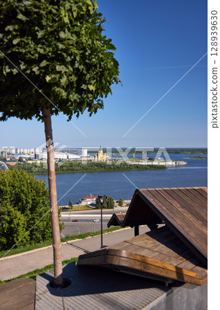 Sunrise Aerial View of Alexander Nevsky Cathedral and Stadium at Strelka in Nizhny Novgorod 128939630
