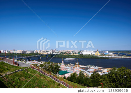 Morning Aerial View of Churches, Bridge and Tourist Ship in Nizhny Novgorod Morning Aerial View of Churches, Bridge and Tourist Ship in Nizhny Novgorod 128939636