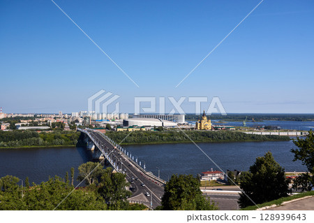 Sunlit Strelka, Cathedral and Kanavinsky Bridge in Nizhny Novgorod Sunlit Strelka, Cathedral and Kanavinsky Bridge in Nizhny Novgorod 128939643
