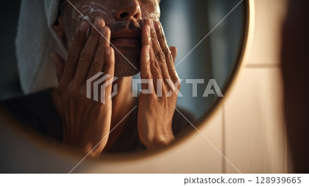 First-Person View of Applying Moisturizer in Softly Lit Bathroom 128939665