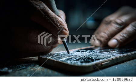 Close-Up of Hands Repairing Cracked Smartphone with Glue Application 128939683
