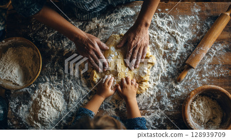 First-Person View of Hands Baking Cookies with Child and Flour Mess 128939709