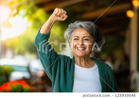 Mature turkish woman with raised fist of empowerment, strength and women solidarity, International Womens Day concept 128939846