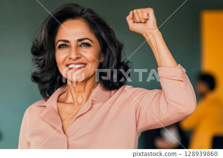 Mature middle eastern woman in office with raised fist of empowerment, strength and women solidarity, International Womens Day concept 128939860