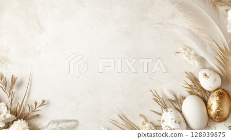 Easter eggs with delicate blossoms and soft light, perfect springtime background 128939875