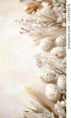 Easter eggs with delicate blossoms and soft light, perfect springtime background 128939876