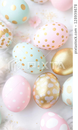 Easter eggs with pastel colors and polka dots on white background 128939878