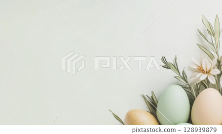 Easter pastel eggs and green leaves on soft background 128939879