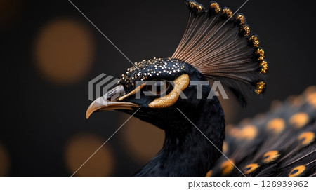 Elegant Dark Peacock Head with Gold Accents and Sparkling Details on Blurred Background Elegant Dark Peacock Head with Gold Accents and Sparkling Details on Blurred Background 128939962