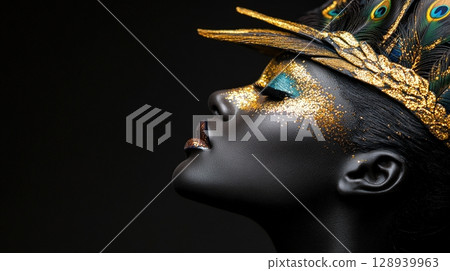 Elegant Profile Portrait with Black Skin, Gold Glitter, and Peacock Feather Headdress Elegant Profile Portrait with Black Skin, Gold Glitter, and Peacock Feather Headdress 128939963