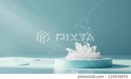 3D podium with crystal elements, translucent, glowing, isolated 128939976
