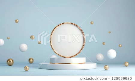 3D podium with minimalist design, white and gold, elegant, isolated 3D podium with minimalist design, white and gold, elegant, isolated 128939980