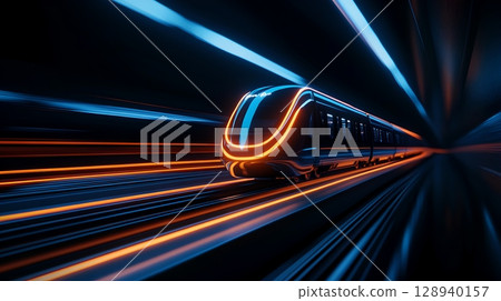 A high speed commuter train rapidly moving through the night with blurred lights and a sense of power and momentum 128940157