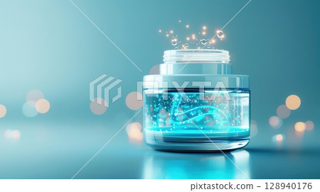 High-tech face cream, sleek glass jar, glowing holographic label, neon blue highlights 128940176