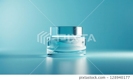 High-tech face cream, sleek glass jar, glowing holographic label, neon blue highlights 128940177