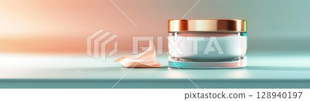 Beautiful skincare cream, elegant holographic container, neon accents, minimalist and futuristic design 128940197