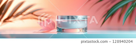 Elegant skincare lotion, holographic container, neon accents, futuristic and luxurious design Elegant skincare lotion, holographic container, neon accents, futuristic and luxurious design 128940204