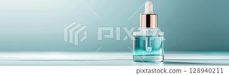Futuristic skincare oil, sleek holographic bottle, neon blue and green highlights, elegant design 128940211