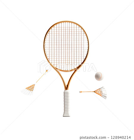 3d rendering of a tennis ball and a racket on a black background 128940214