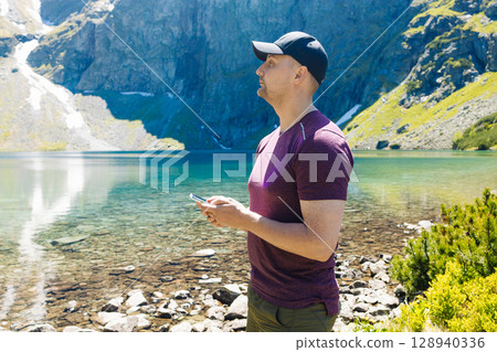 Scenic Mountain Lake View in Summer 128940336