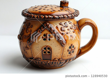 Kitchen equipment. Gingerbread house shaped ceramic cup with lid on a white background. Christmas atmosphere. Kitchen equipment. Gingerbread house shaped ceramic cup with lid on a white background. Christmas atmosphere. 128940530