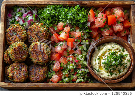 Falafel wrap, tabbouleh salad and hummus dip in a wooden lunch box. Middle Eastern lunch box. Falafel wrap, tabbouleh salad and hummus dip in a wooden lunch box. Middle Eastern lunch box. 128940536