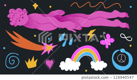 Cubism drawing. Abstract flowers and clouds. Naked boy flying in weightlessness. Space comet and stars. Sky rainbow. Hippie relaxation. Cosmic gravity. Rain drops or tears. Vector flat elements set 128940547