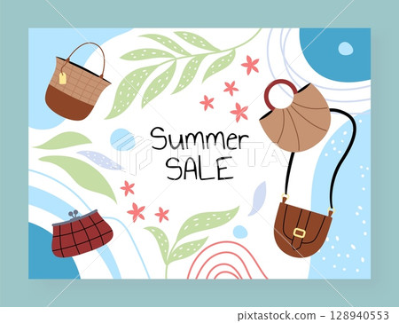 Summer sale. Woman bag. Fashionable purse. Handbags discount. Stylish tote or casual shopper on abstract background with palm leases. Boutique special offer marketing. Shopping promotion vector banner Summer sale. Woman bag. Fashionable purse. Handbags discount. Stylish tote or casual shopper on abstract background with palm leases. Boutique special offer marketing. Shopping promotion vector banner 128940553